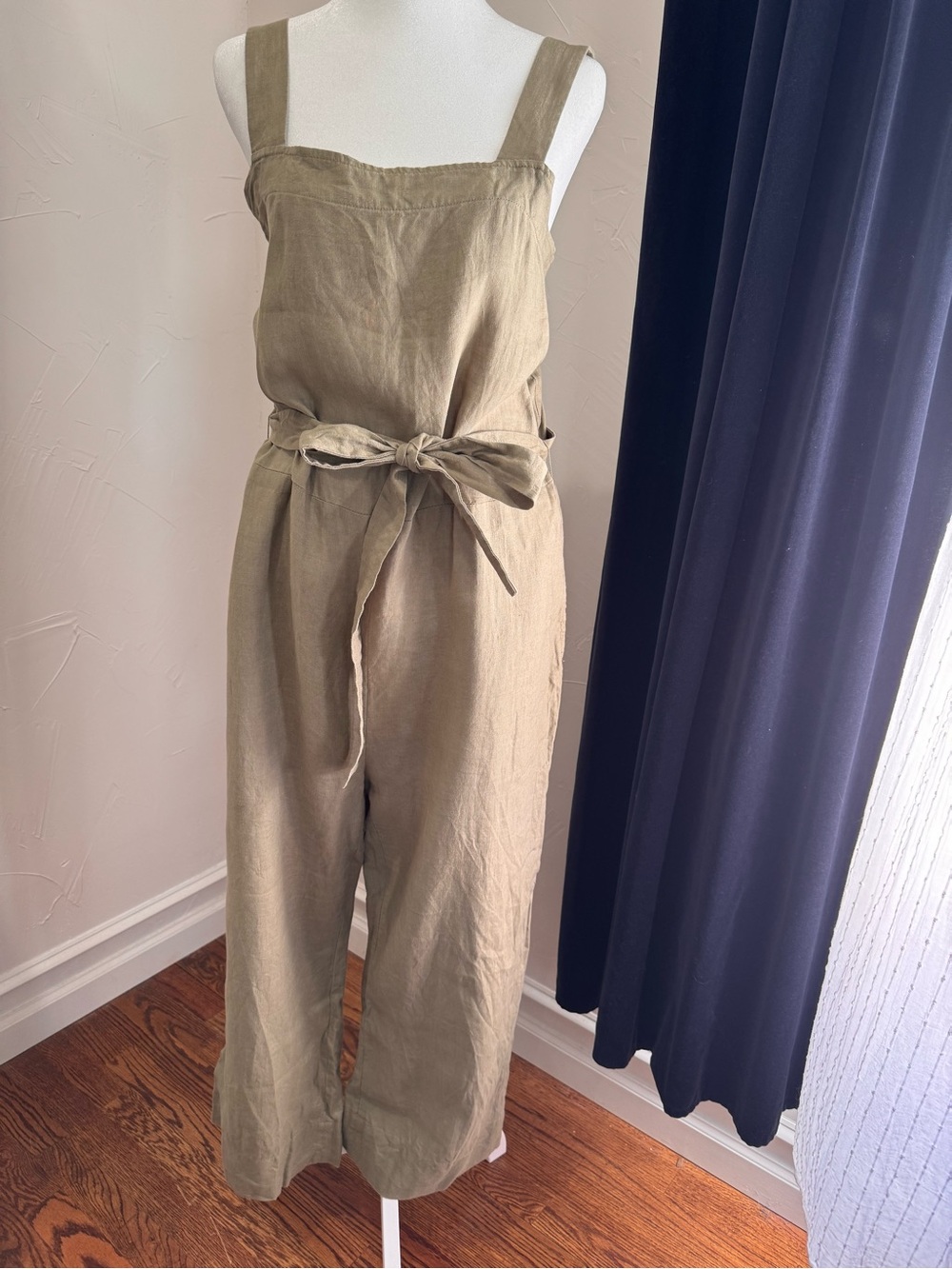 Quince Olive Green 100% Linen Jumpsuit with Tie Waist